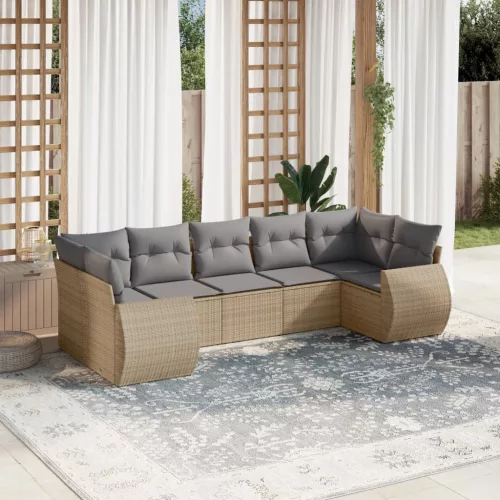  7 részes bézs polyrattan kerti ülőgarnitúra párnákkal