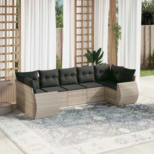  7 részes világosszürke polyrattan kerti ülőgarnitúra párnákkal