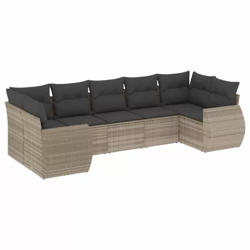  7 részes világosszürke polyrattan kerti ülőgarnitúra párnákkal