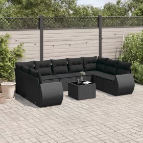    10 részes fekete polyrattan kerti ülőgarnitúra párnákkal
