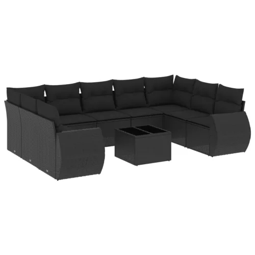  10 részes fekete polyrattan kerti ülőgarnitúra párnákkal