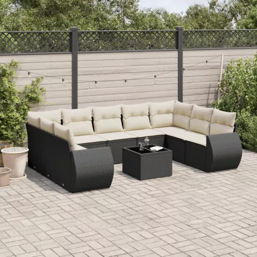  10 részes fekete polyrattan kerti ülőgarnitúra párnákkal