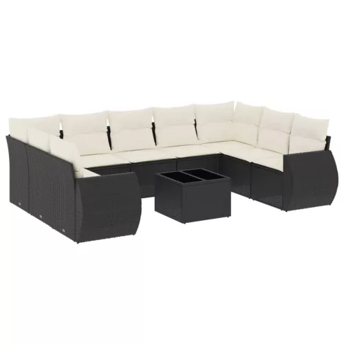  10 részes fekete polyrattan kerti ülőgarnitúra párnákkal
