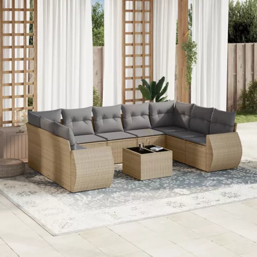  10 részes bézs polyrattan kerti ülőgarnitúra párnával