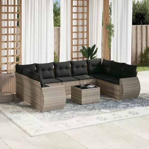 10 részes világosszürke polyrattan kerti ülőgarnitúra párnákkal