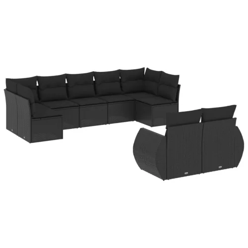  9 részes fekete polyrattan kerti ülőgarnitúra párnákkal