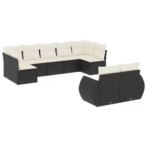  9 részes fekete polyrattan kerti ülőgarnitúra párnákkal