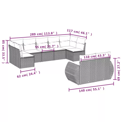  9 részes szürke polyrattan kerti ülőgarnitúra párnákkal
