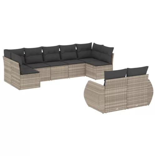  9 részes világosszürke polyrattan kerti ülőgarnitúra párnával