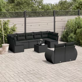    10 részes fekete polyrattan kerti ülőgarnitúra párnákkal