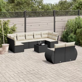    10 részes fekete polyrattan kerti ülőgarnitúra párnákkal