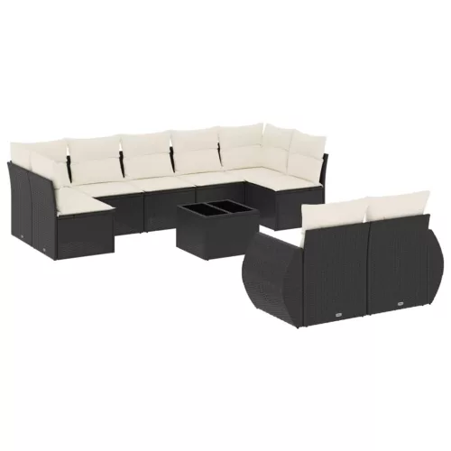  10 részes fekete polyrattan kerti ülőgarnitúra párnákkal