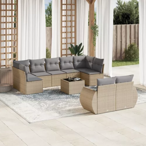  10 részes bézs polyrattan kerti ülőgarnitúra párnával