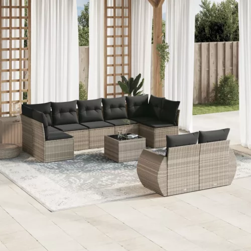  10 részes világosszürke polyrattan kerti ülőgarnitúra párnákkal