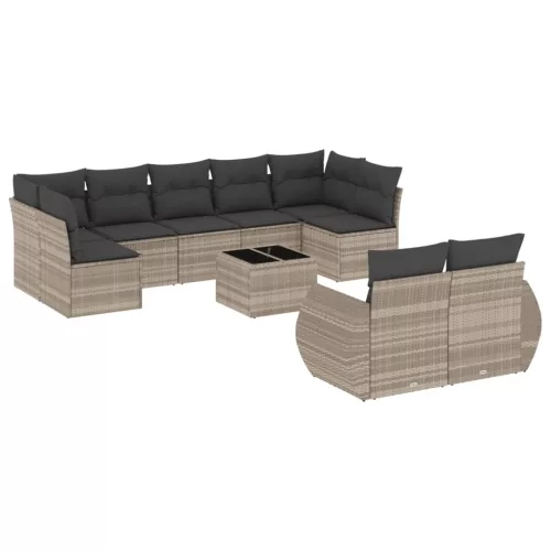  10 részes világosszürke polyrattan kerti ülőgarnitúra párnákkal