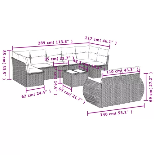  10 részes világosszürke polyrattan kerti ülőgarnitúra párnákkal
