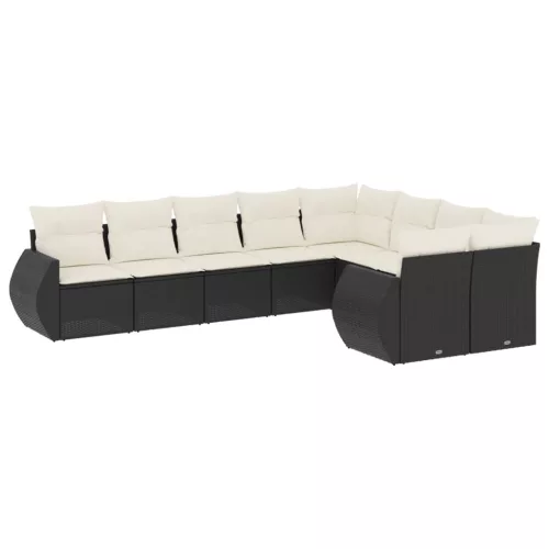  9 részes fekete polyrattan kerti ülőgarnitúra párnákkal
