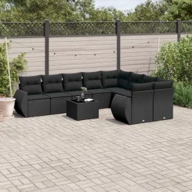    10 részes fekete polyrattan kerti ülőgarnitúra párnákkal