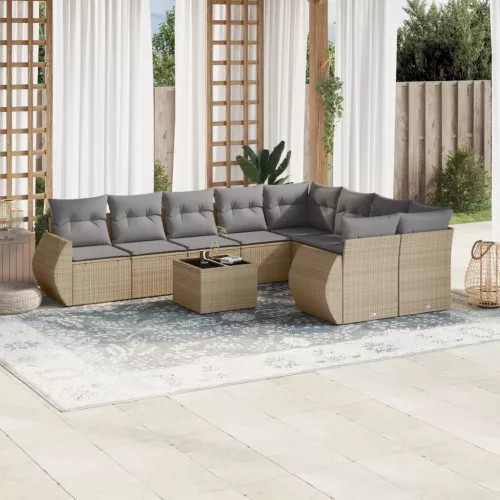  10 részes bézs polyrattan kerti ülőgarnitúra párnával