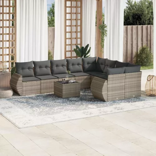  10 részes világosszürke polyrattan kerti ülőgarnitúra párnákkal