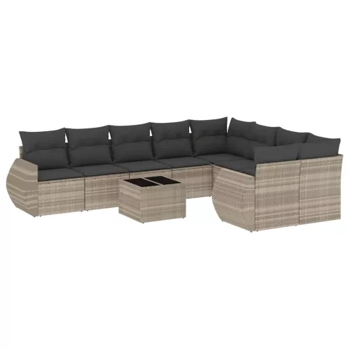  10 részes világosszürke polyrattan kerti ülőgarnitúra párnákkal