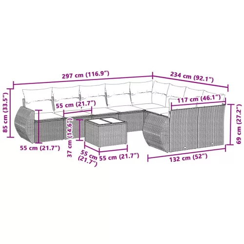  10 részes világosszürke polyrattan kerti ülőgarnitúra párnákkal