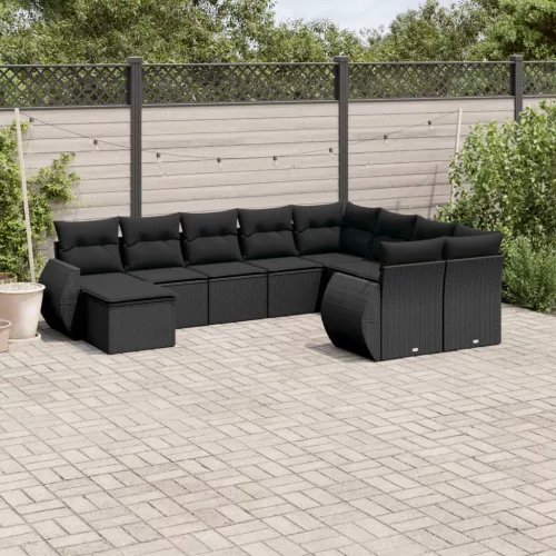  10 részes fekete polyrattan kerti ülőgarnitúra párnákkal