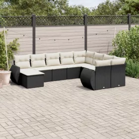    10 részes fekete polyrattan kerti ülőgarnitúra párnákkal