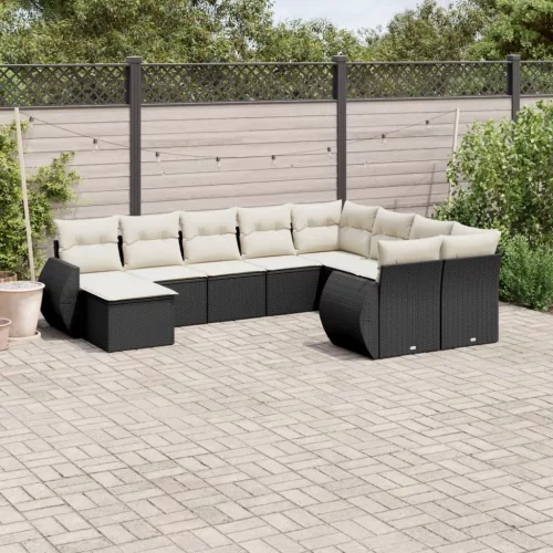  10 részes fekete polyrattan kerti ülőgarnitúra párnákkal