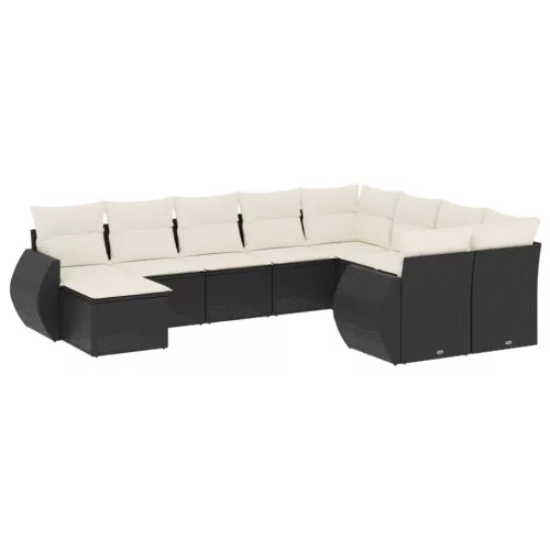  10 részes fekete polyrattan kerti ülőgarnitúra párnákkal