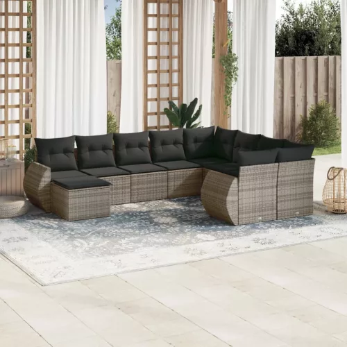  10 részes szürke polyrattan kerti ülőgarnitúra párnákkal