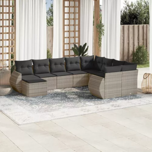  10 részes világosszürke polyrattan kerti ülőgarnitúra párnákkal