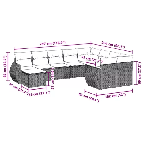  10 részes világosszürke polyrattan kerti ülőgarnitúra párnákkal
