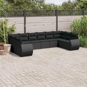    10 részes fekete polyrattan kerti ülőgarnitúra párnákkal