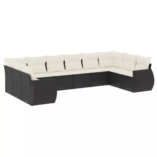  10 részes fekete polyrattan kerti ülőgarnitúra párnákkal