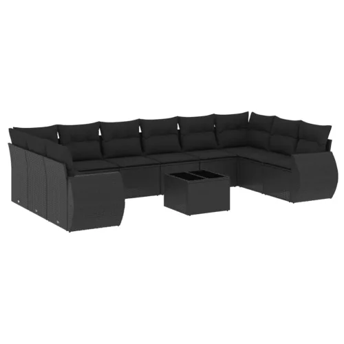  11 részes fekete polyrattan kerti ülőgarnitúra párnákkal
