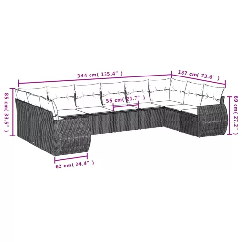  11 részes fekete polyrattan kerti ülőgarnitúra párnákkal