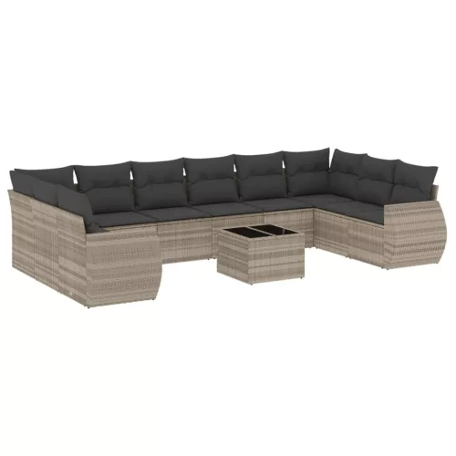  11 részes világosszürke polyrattan kerti ülőgarnitúra párnákkal