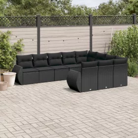    10 részes fekete polyrattan kerti ülőgarnitúra párnákkal