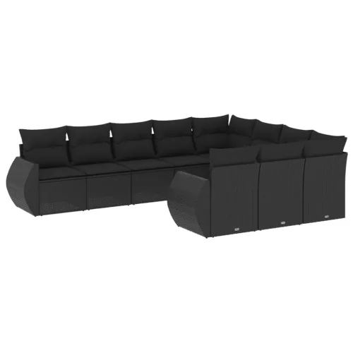  10 részes fekete polyrattan kerti ülőgarnitúra párnákkal