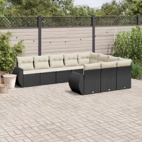    10 részes fekete polyrattan kerti ülőgarnitúra párnákkal