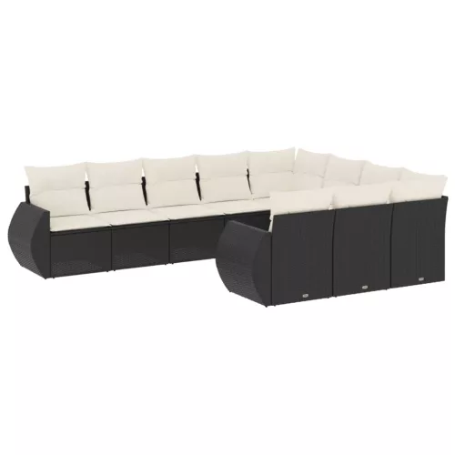  10 részes fekete polyrattan kerti ülőgarnitúra párnákkal