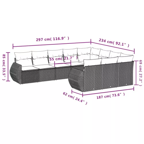  10 részes szürke polyrattan kerti ülőgarnitúra párnákkal