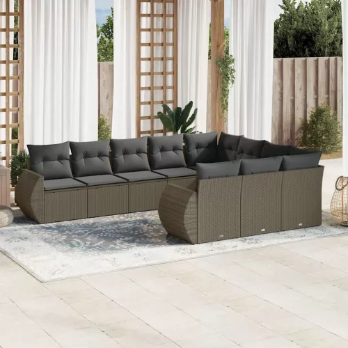  10 részes világosszürke polyrattan kerti ülőgarnitúra párnákkal