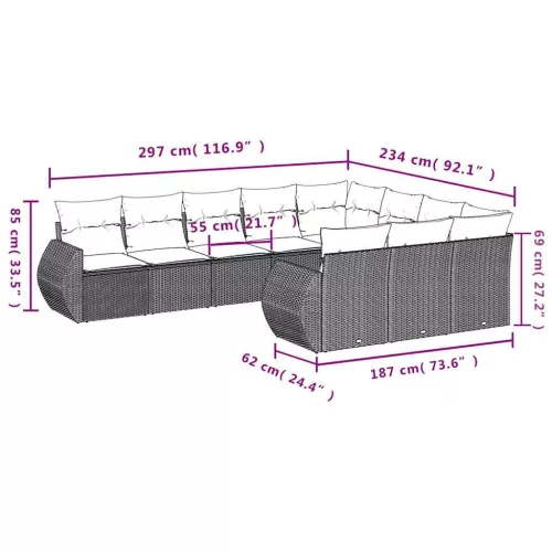  10 részes világosszürke polyrattan kerti ülőgarnitúra párnákkal