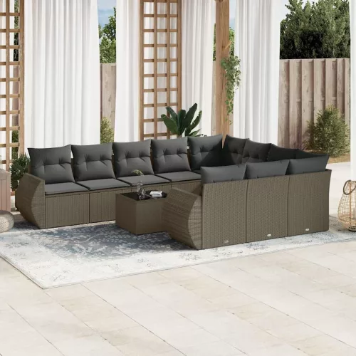  11 részes világosszürke polyrattan kerti ülőgarnitúra párnákkal