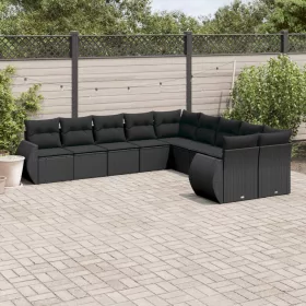    10 részes fekete polyrattan kerti ülőgarnitúra párnákkal