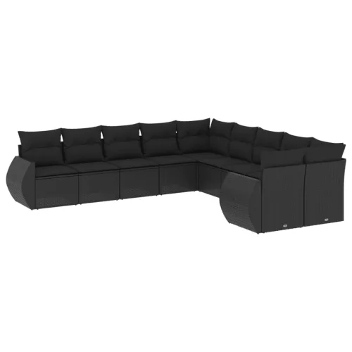  10 részes fekete polyrattan kerti ülőgarnitúra párnákkal