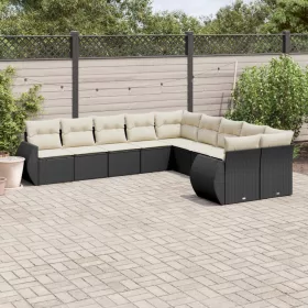    10 részes fekete polyrattan kerti ülőgarnitúra párnákkal