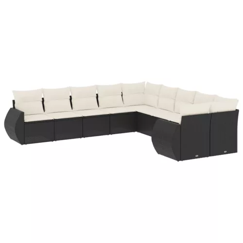  10 részes fekete polyrattan kerti ülőgarnitúra párnákkal